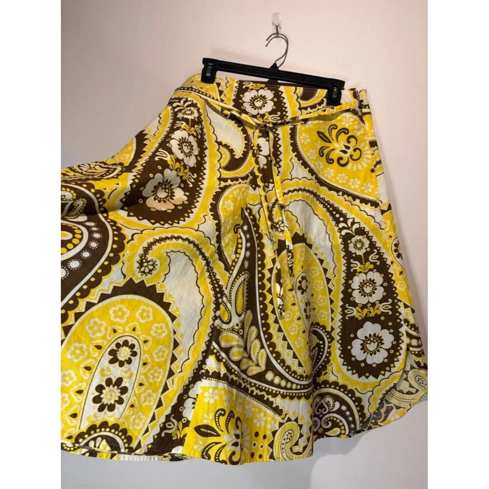 Talbots Petites Paisley A-Line Full Skirt Brown Yellow Side Zipper Pockets SZ 8P